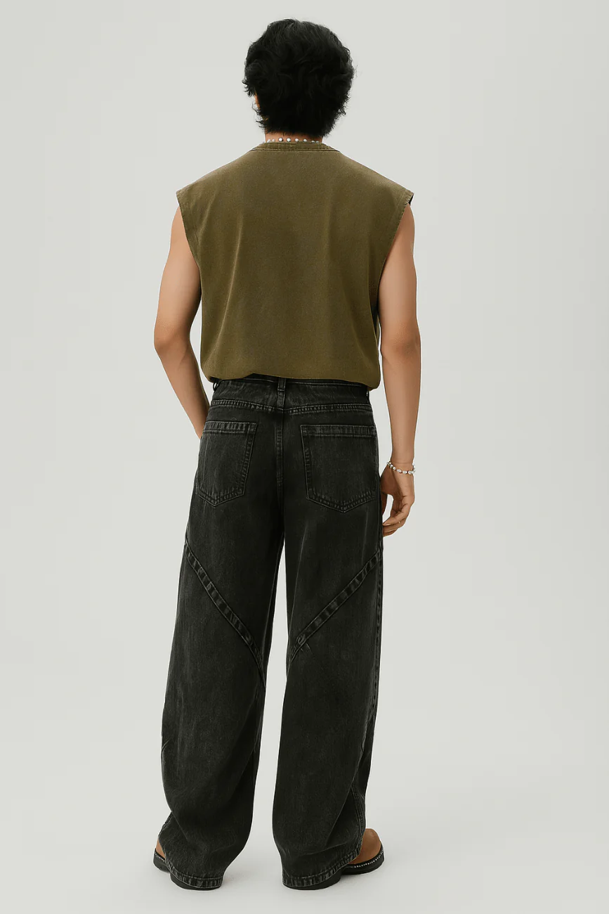Cross Pleated Wide Leg Jeans // Washed Black - Image 3