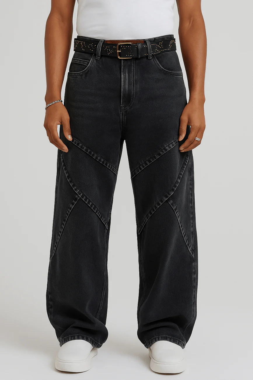 Cross Pleated Wide Leg Jeans // Washed Black - Image 4